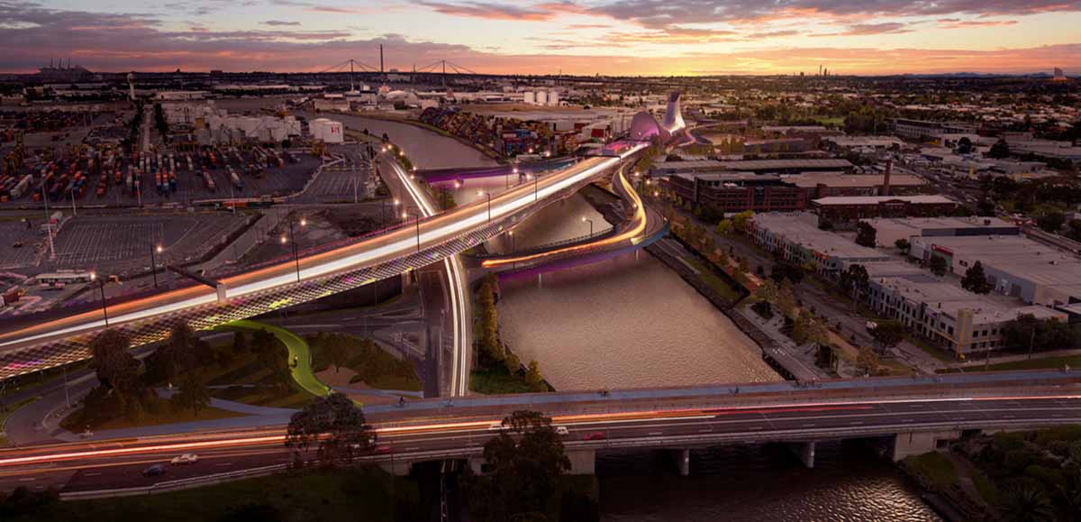 West Gate Tunnel elevated roadway infrastructure improving transport connectivity in Melbourne.